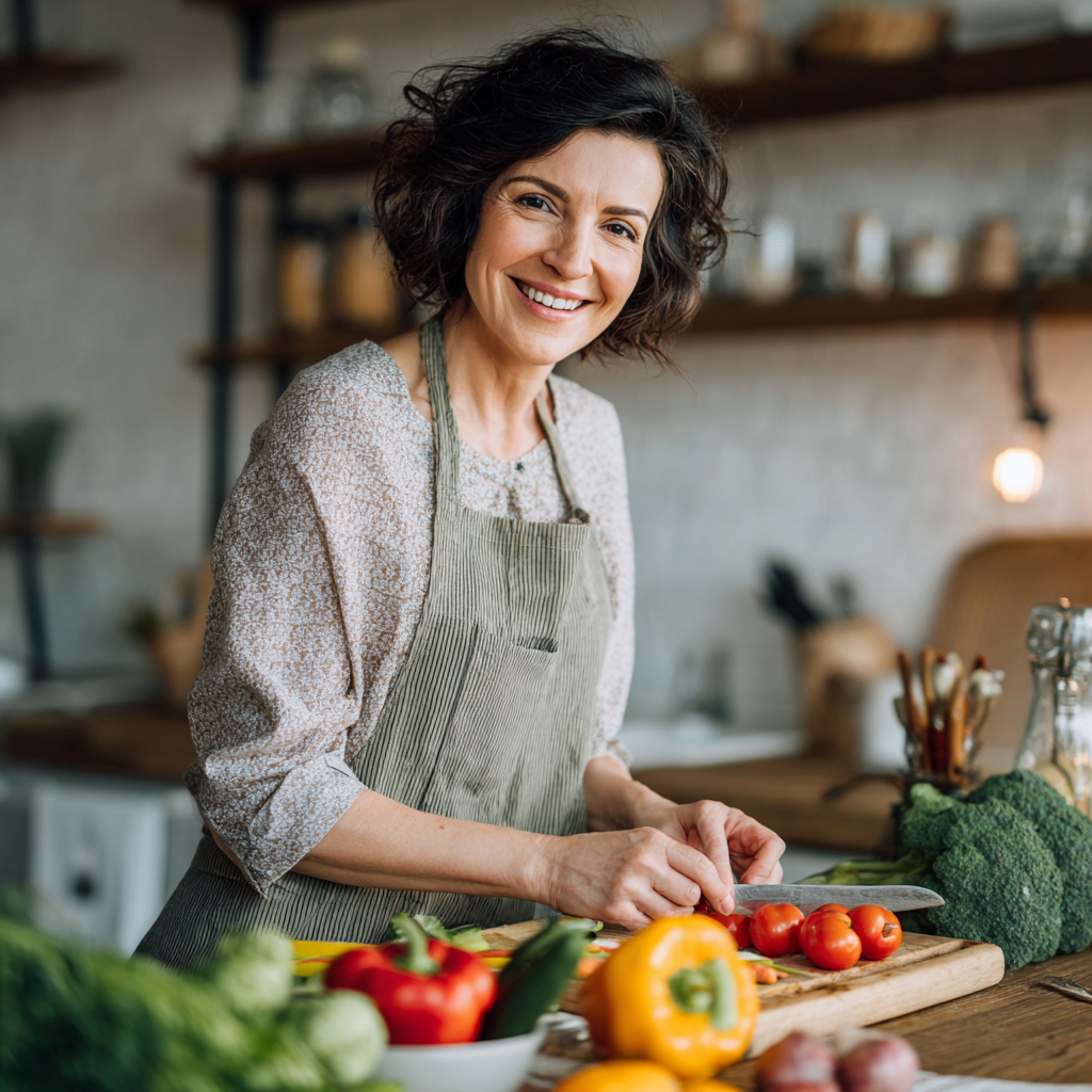 Romanian woman in her 40s smiling while preparing a healthy meal in a bright, modern kitchen with fresh vegetables on the counter