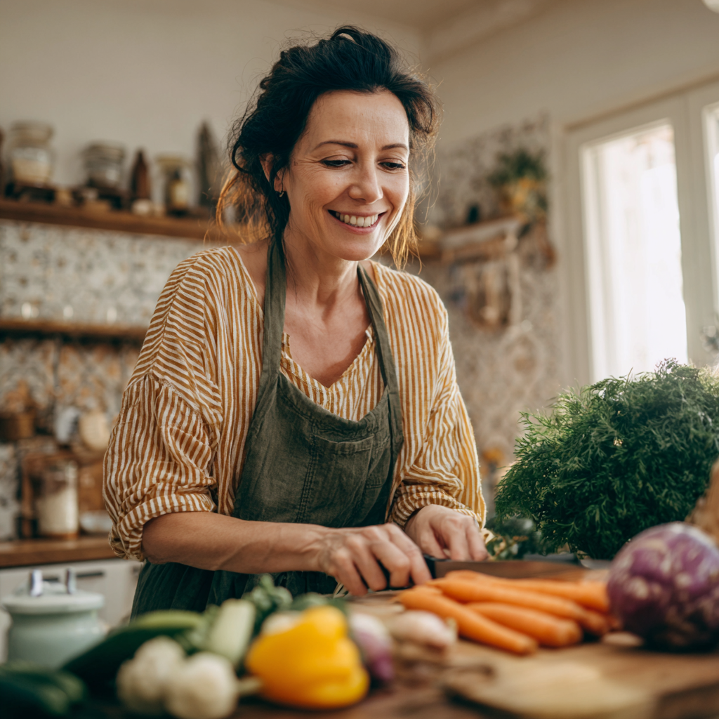 Romanian man in his 30s smiling confidently while holding a plate of balanced, colorful food in a sunny kitchen environment